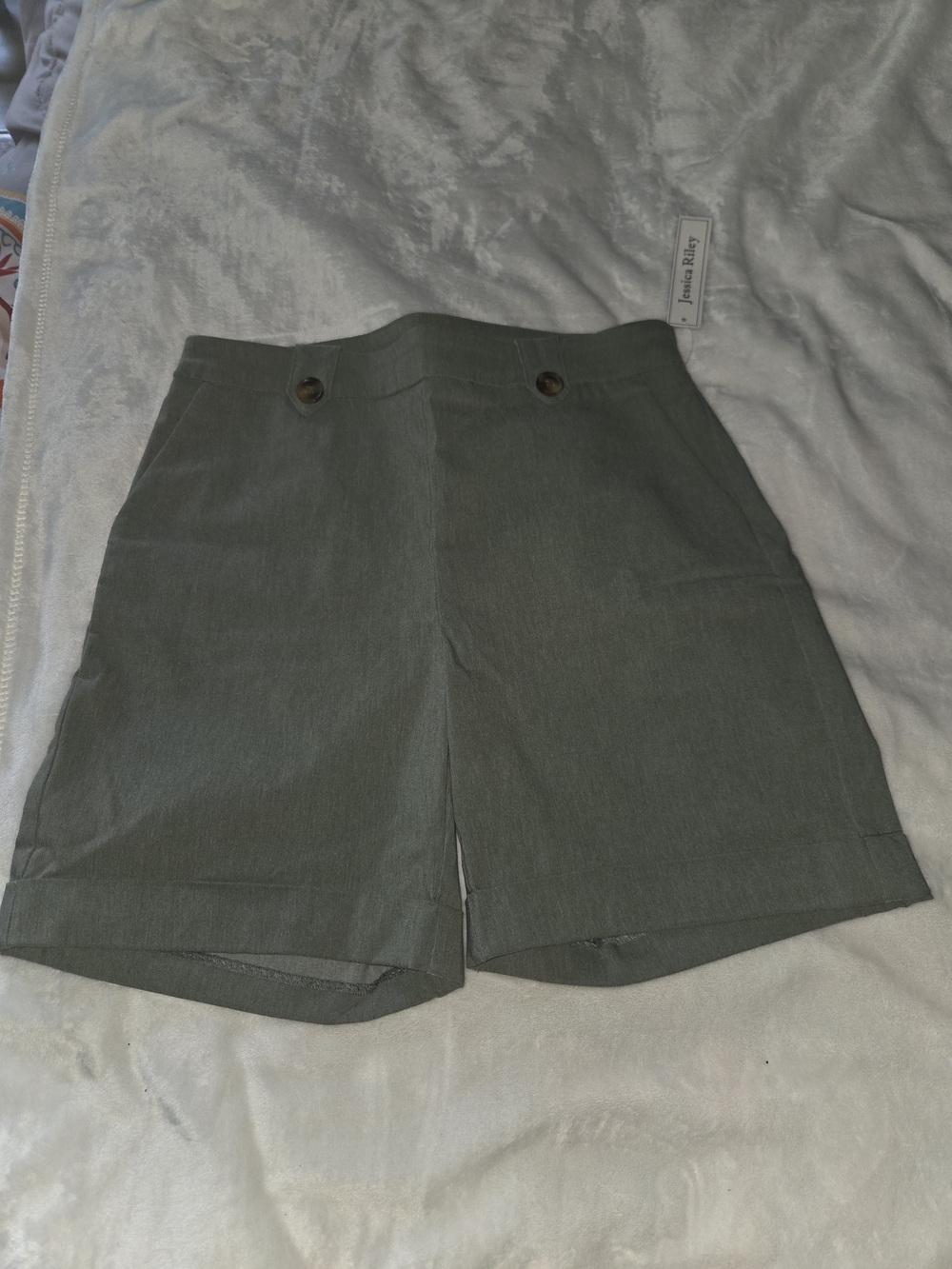 Jessica Olive Green High-Waist Bermuda Shorts with Button Tabs